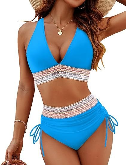 2024 High Waisted Tummy Control Color Block Bikini Sets