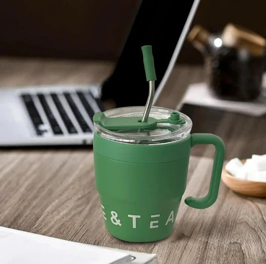 🍵Stainless steel thermal insulation anti-fall straw cup mug with handle and lid