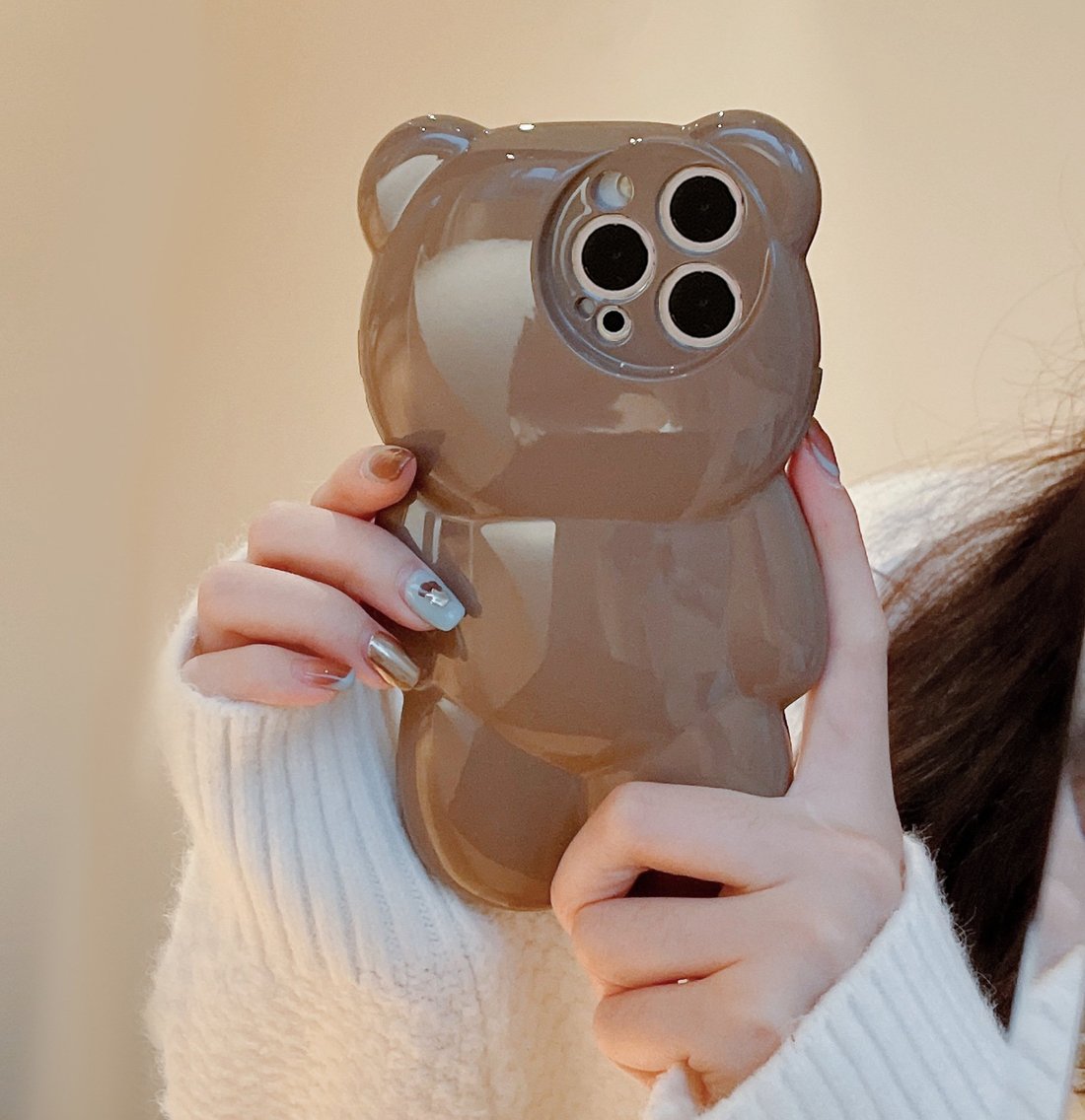 Cute 3D Glitter Shockproof Bear & Solid Color Case for iPhone