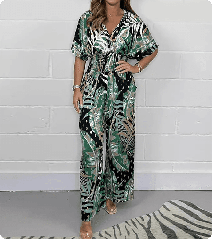 🌸Up to 40% off🔥Women's Summer Fashion Leaf Print Plus Size Bodysuit with Elastic Waist