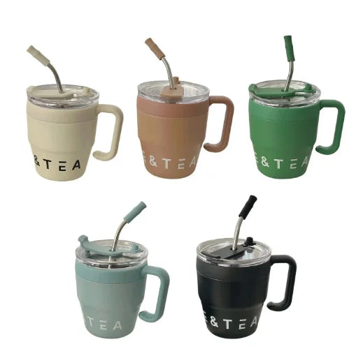 🍵Stainless steel thermal insulation anti-fall straw cup mug with handle and lid