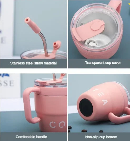 🍵Stainless steel thermal insulation anti-fall straw cup mug with handle and lid