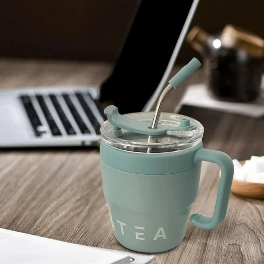 🍵Stainless steel thermal insulation anti-fall straw cup mug with handle and lid