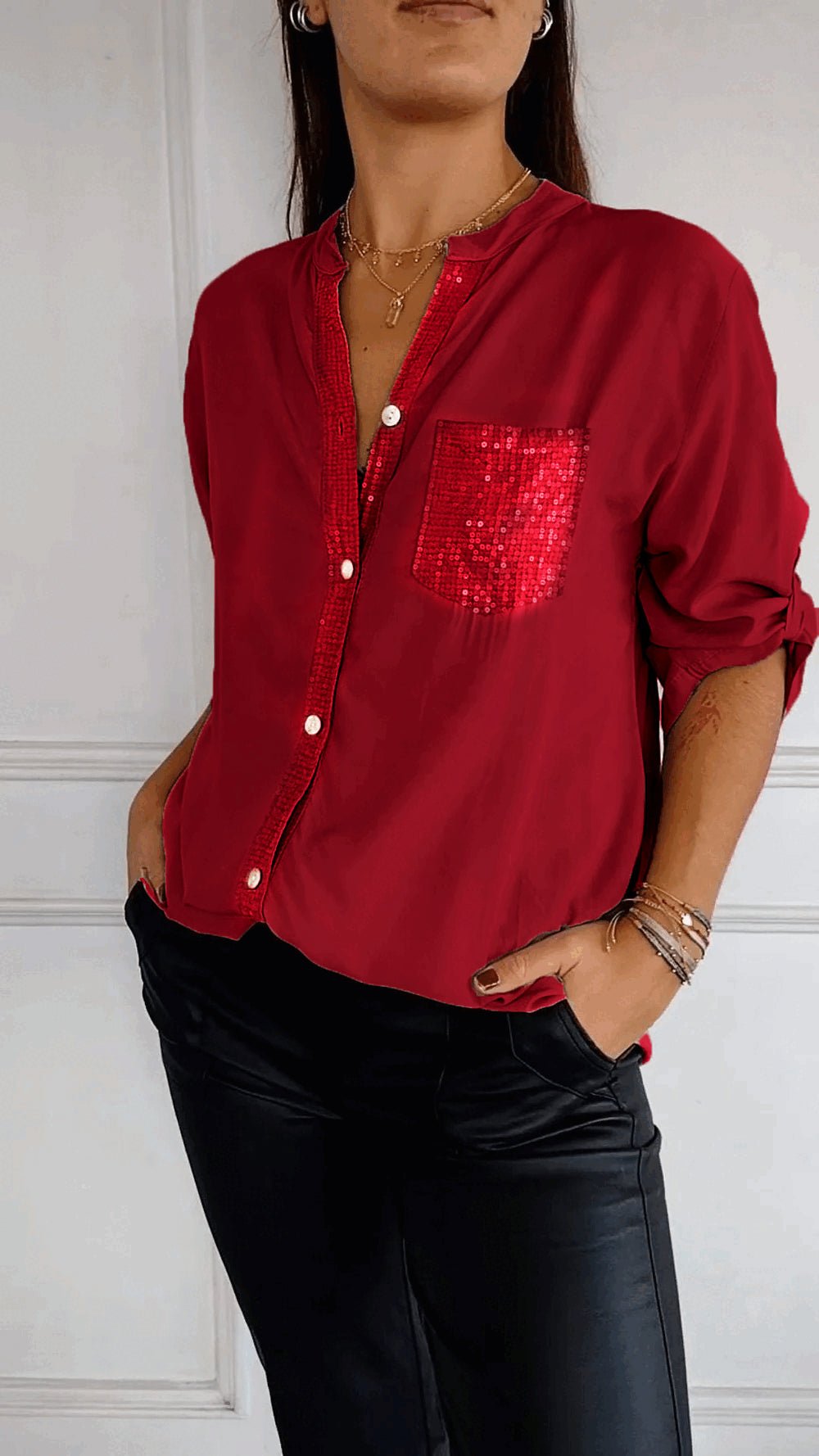 🔥2024 HOT SALE🔥Polyester V-neck Sequin Mid-sleeve Casual Top