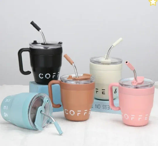 🍵Stainless steel thermal insulation anti-fall straw cup mug with handle and lid