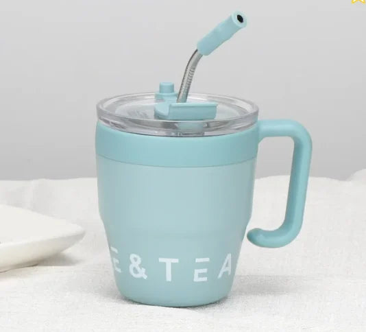 🍵Stainless steel thermal insulation anti-fall straw cup mug with handle and lid