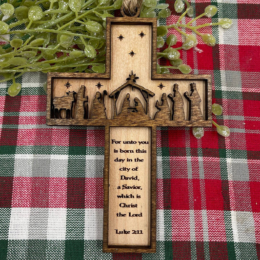 Nativity Cross Scripture Ornament - Religious Luke 2:11
