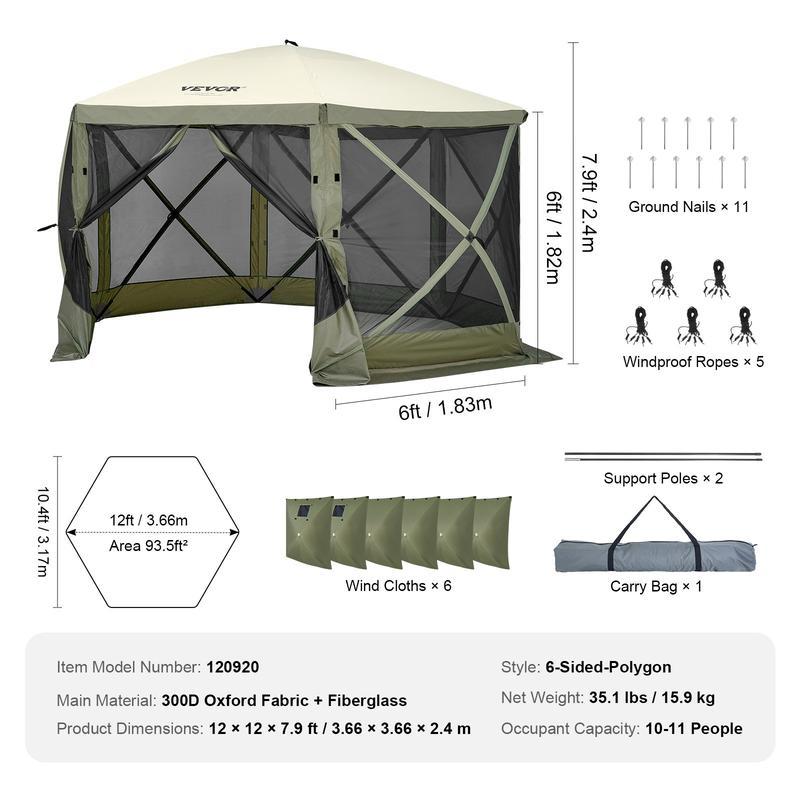 Camping Gazebo Screen Tent, 12*12ft, 6 Sided Pop-up Canopy Shelter Tent with Mesh Windows, Portable Carry Bag, Stakes, Large Shade Tents for Outdoor Camping