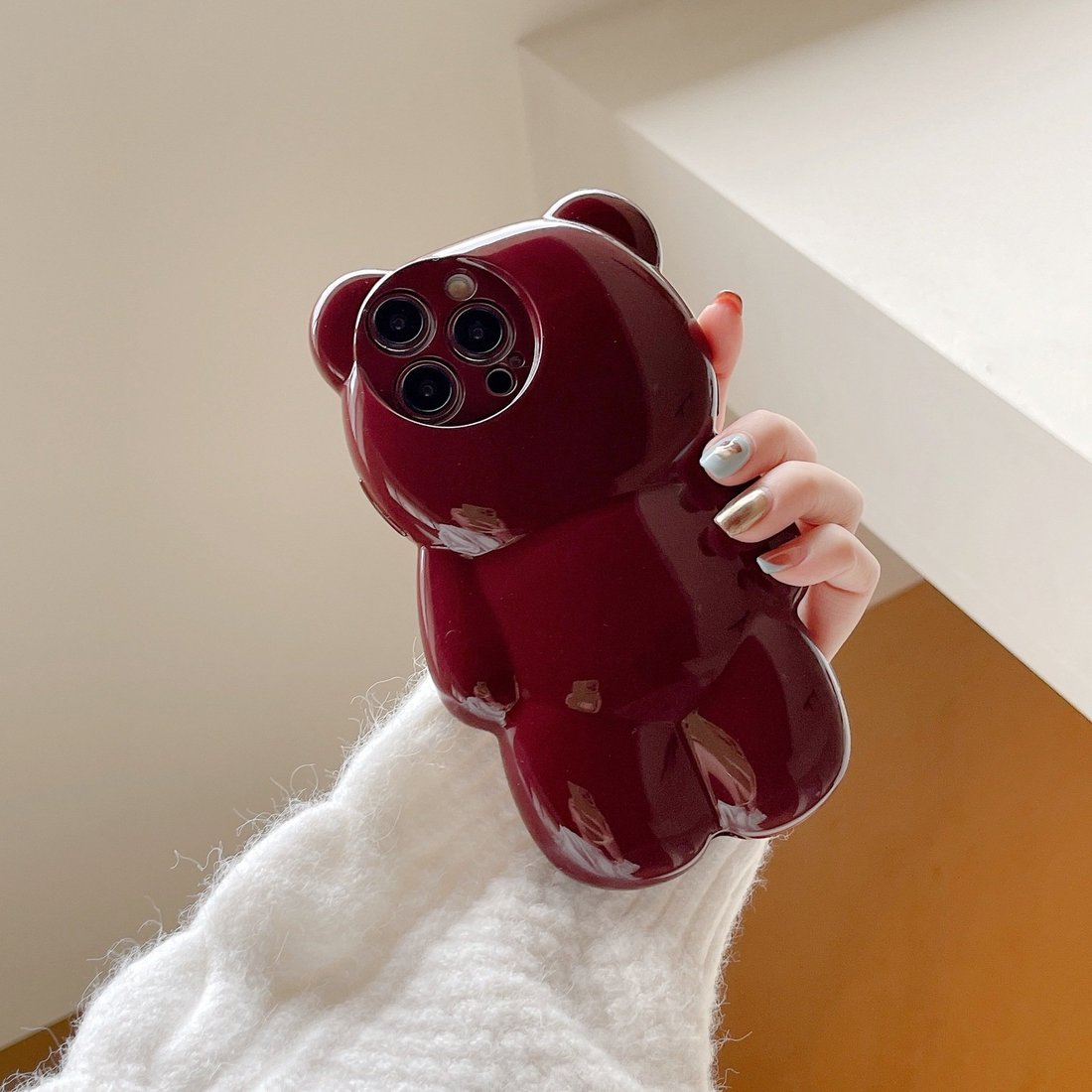 Cute 3D Glitter Shockproof Bear & Solid Color Case for iPhone