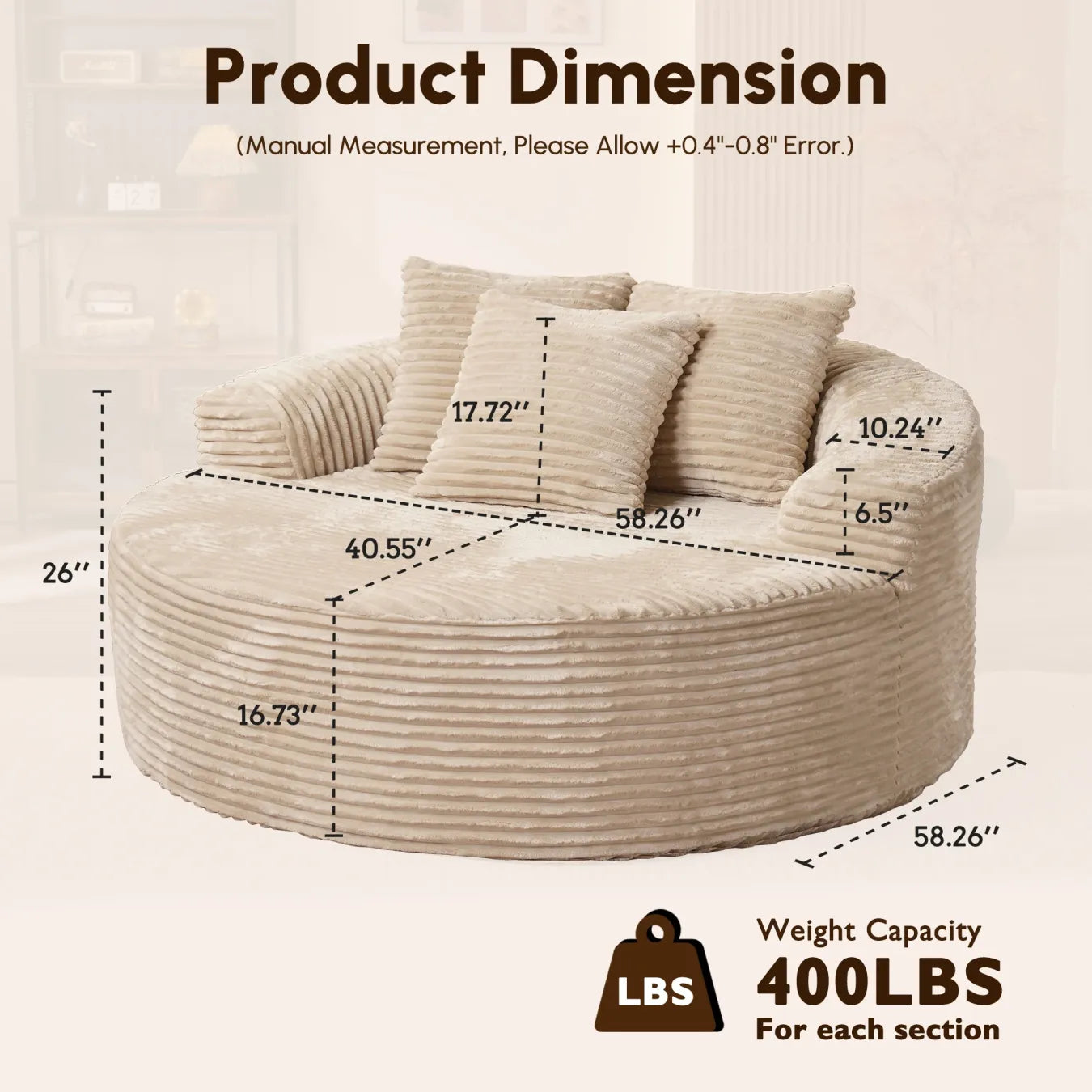 59" O-Shape Modular Couch, Plush Corduroy Fabric, No Assembly Required