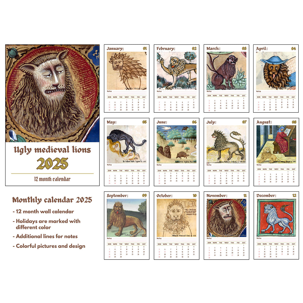 🦁Funny Medieval Lion Paintings Calendar 2025📅