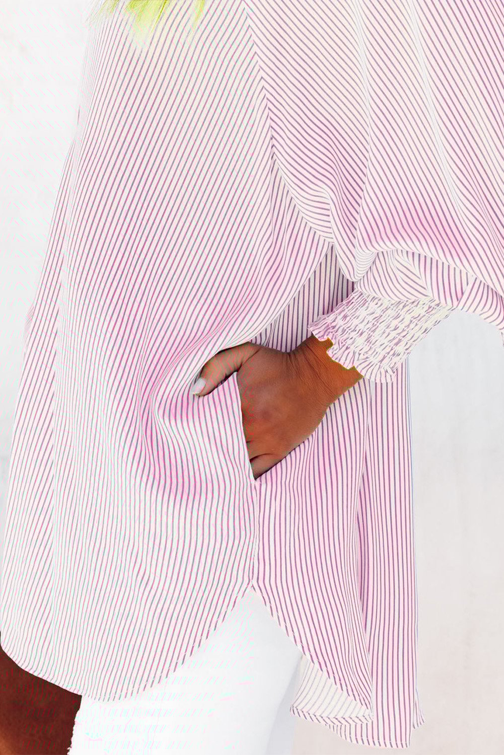 Mid-length shirt with striped lapel and oversized drawdown sleeves