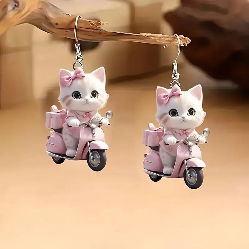 🌸 Charming Pink Umbrella Floral Kittens Art Dangle Earrings