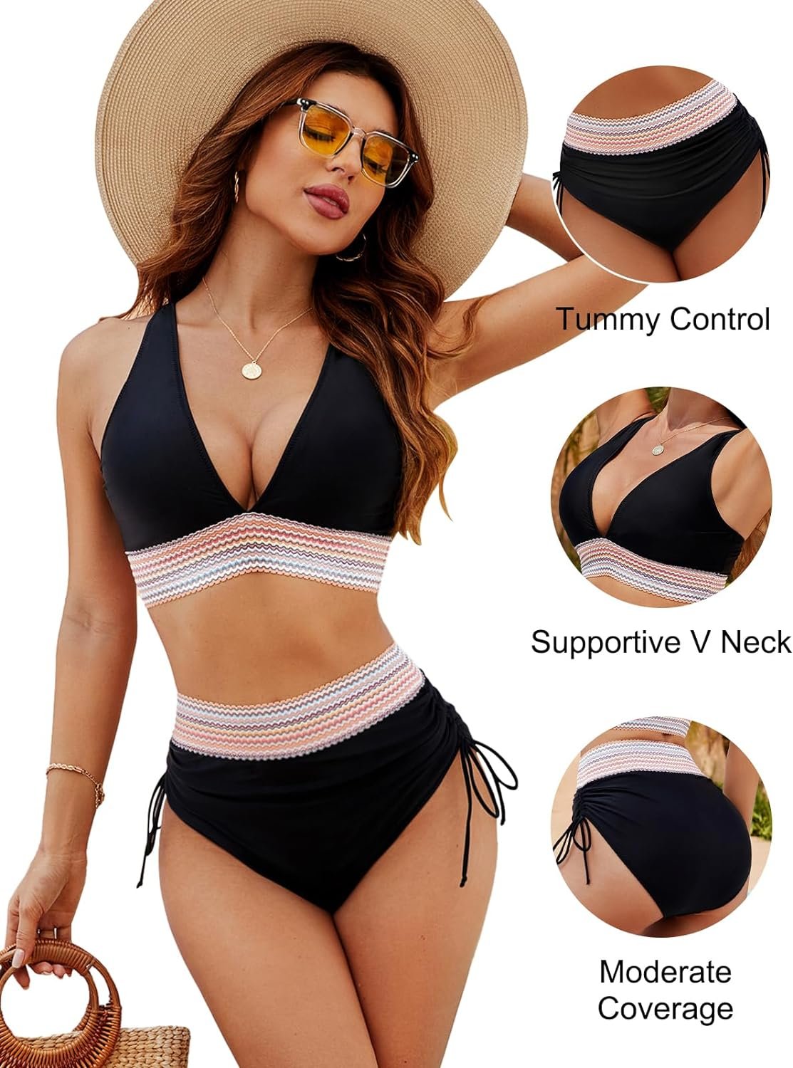 2024 High Waisted Tummy Control Color Block Bikini Sets