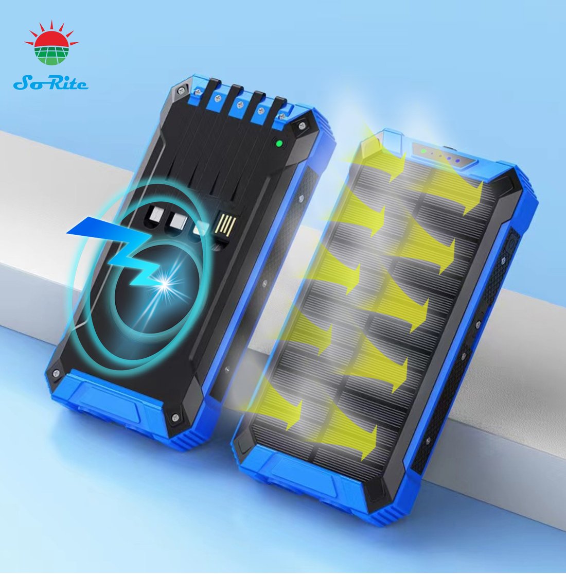 Wireless Charger Solar Power Bank Built-in Cables Waterproof/Shockproof