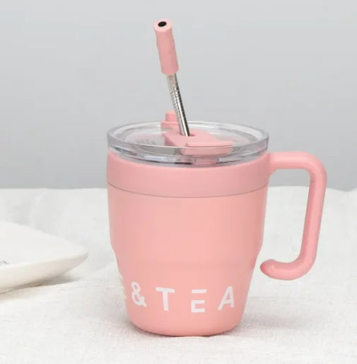 🍵Stainless steel thermal insulation anti-fall straw cup mug with handle and lid