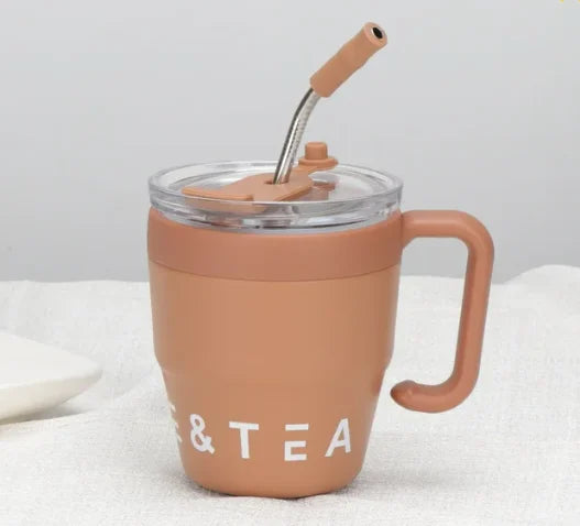 🍵Stainless steel thermal insulation anti-fall straw cup mug with handle and lid