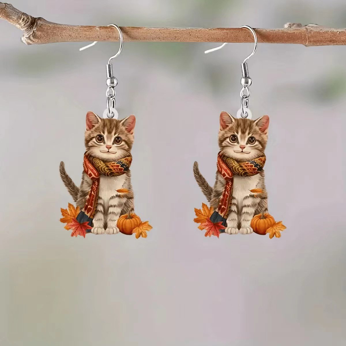🌸 Charming Pink Umbrella Floral Kittens Art Dangle Earrings