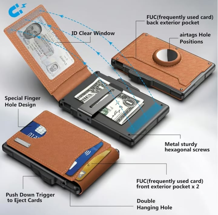 🔥Last Day Promotion 60% OFF-🔥AirTag Wallet - with Pop Up Aluminum Case Money Clip Slim Leather Slots Credit Card Holder RFID Blocking Bifold Minimalist Wallet