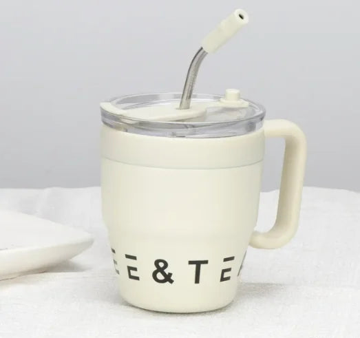 🍵Stainless steel thermal insulation anti-fall straw cup mug with handle and lid