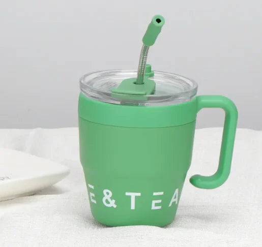 🍵Stainless steel thermal insulation anti-fall straw cup mug with handle and lid