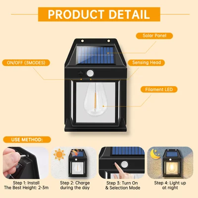 2024 New Tungsten Solar Wall Light for Outdoor