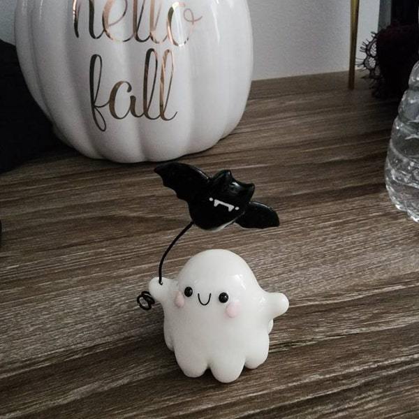 Ghost with Bat Balloon Figurine
