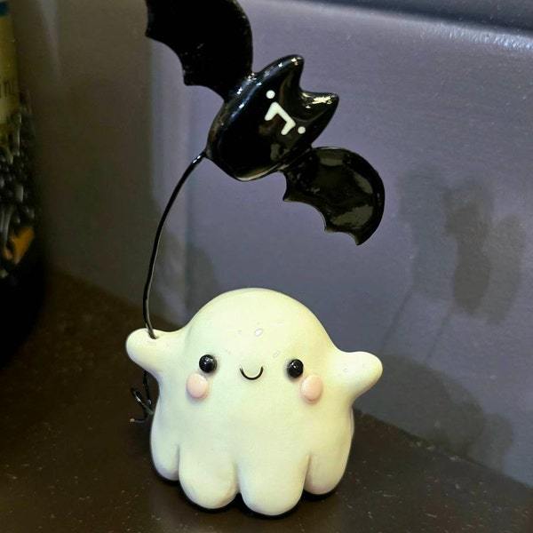 Ghost with Bat Balloon Figurine