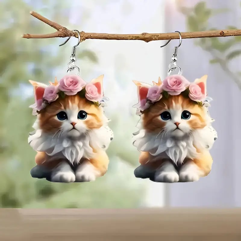 🌸 Charming Pink Umbrella Floral Kittens Art Dangle Earrings