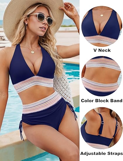 2024 High Waisted Tummy Control Color Block Bikini Sets