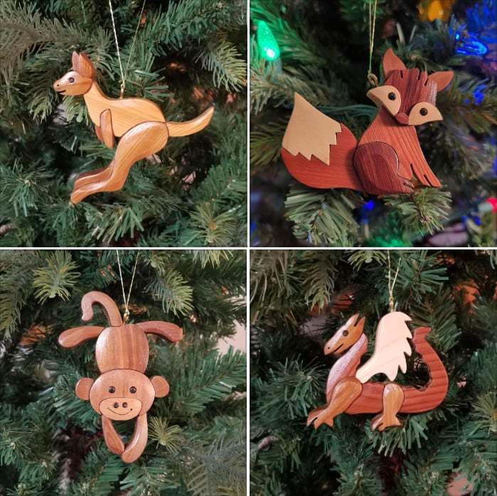 Hand-Carved Wooden Animal Christmas Ornaments