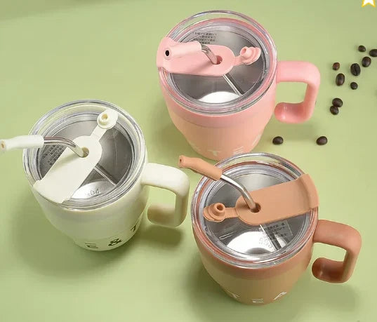 🍵Stainless steel thermal insulation anti-fall straw cup mug with handle and lid