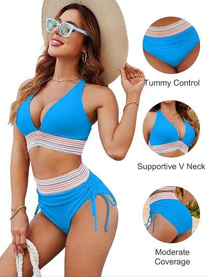 2024 High Waisted Tummy Control Color Block Bikini Sets