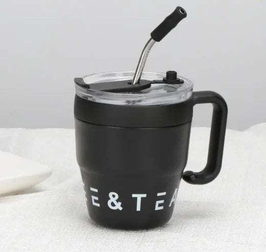 🍵Stainless steel thermal insulation anti-fall straw cup mug with handle and lid
