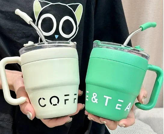 🍵Stainless steel thermal insulation anti-fall straw cup mug with handle and lid