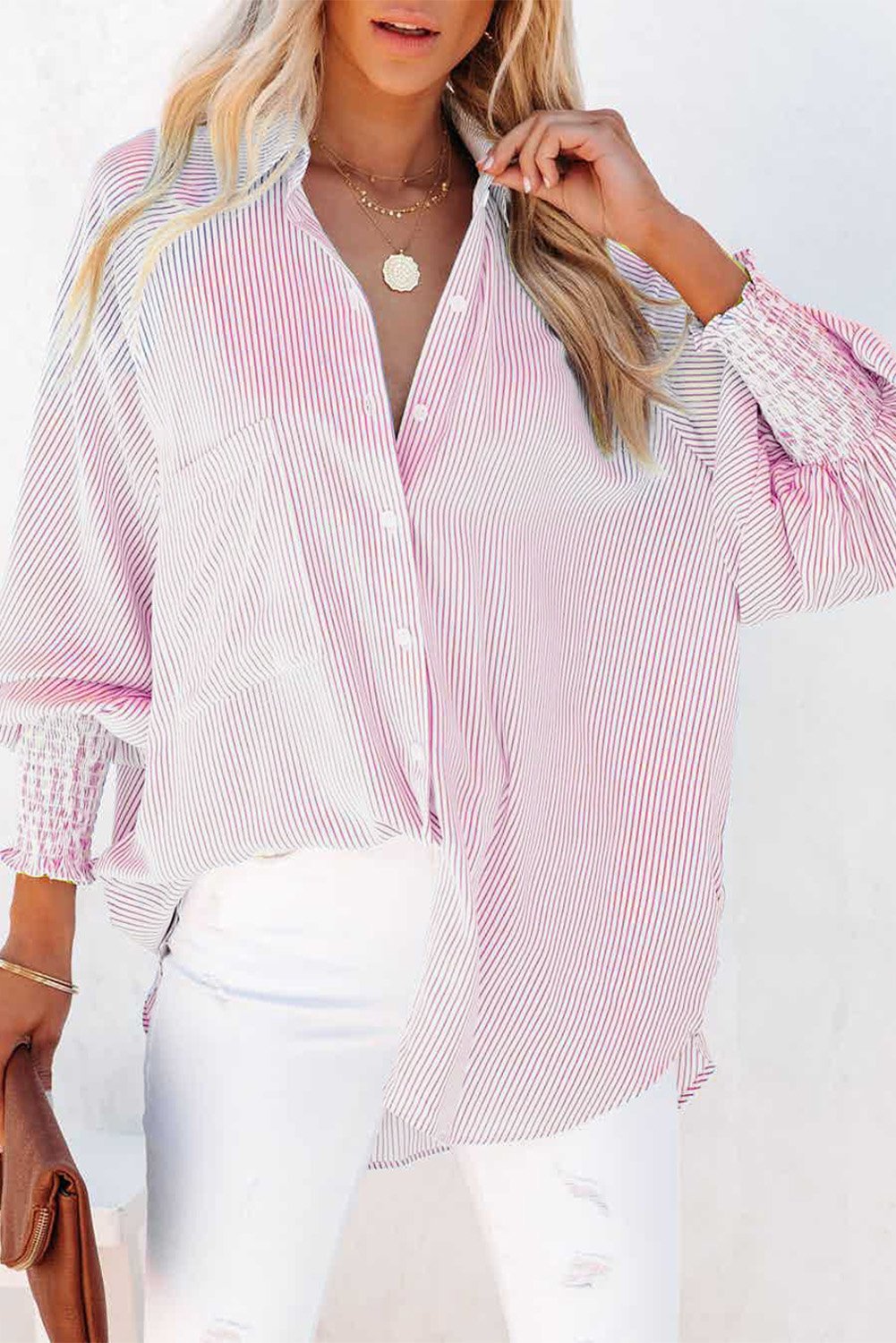 Mid-length shirt with striped lapel and oversized drawdown sleeves