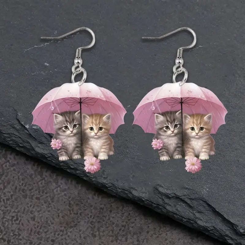 🌸 Charming Pink Umbrella Floral Kittens Art Dangle Earrings