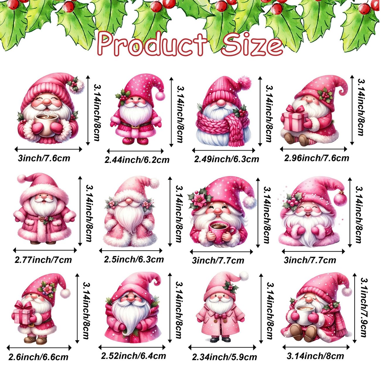 Pink Wooden Gnome Christmas Tree Ornaments Set (12 Pcs)