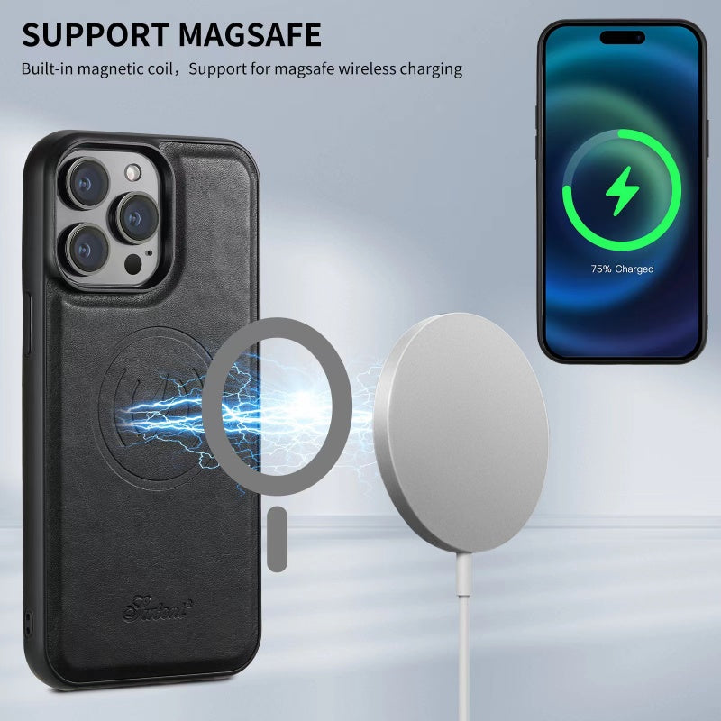 Leather Card Holder Phone Case: Magnetic Stand, Wireless Charging (MagSafe Compatible)