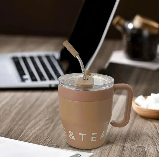 🍵Stainless steel thermal insulation anti-fall straw cup mug with handle and lid