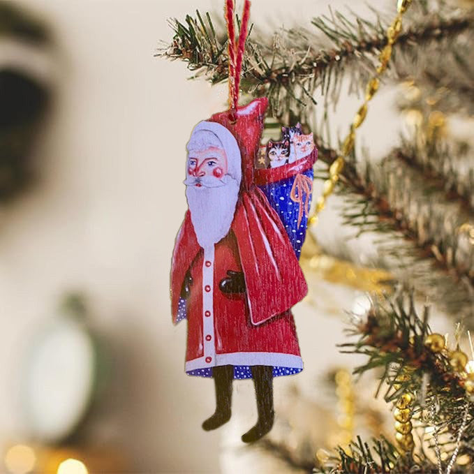 🎅Santa Claus & Three Kittens Wooden Ornament🐈