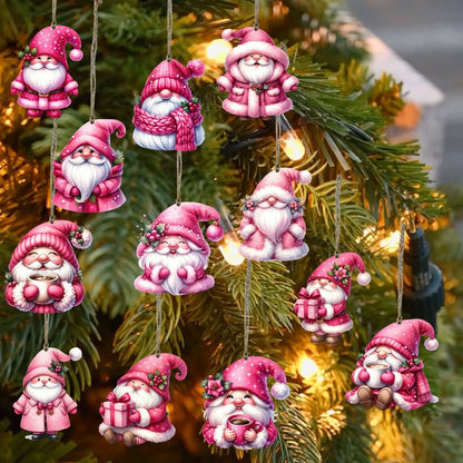 Pink Wooden Gnome Christmas Tree Ornaments Set (12 Pcs)