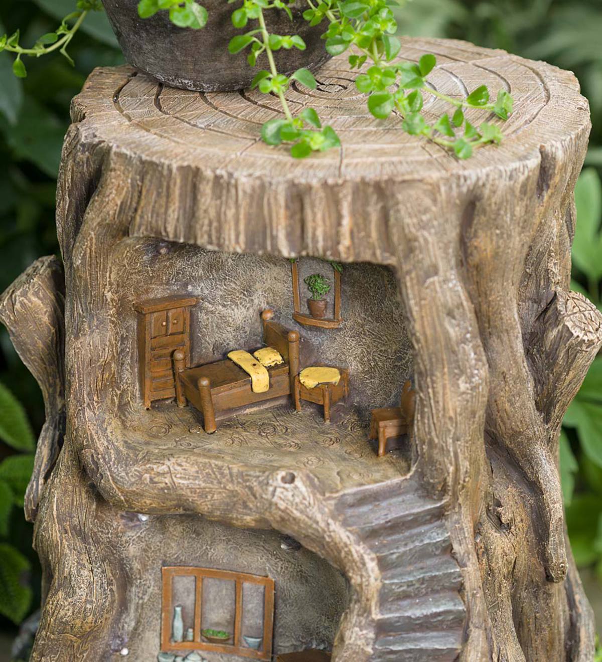 Two-Story Fully-Furnished Solar Lighted Fairy House in a Stump （Free Shipping）