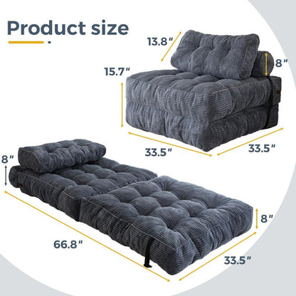 Corduroy Folding Sofa Bed, Convertible Sleeper Chair with Pillow Foldable Mattress with Back Support; Single Size