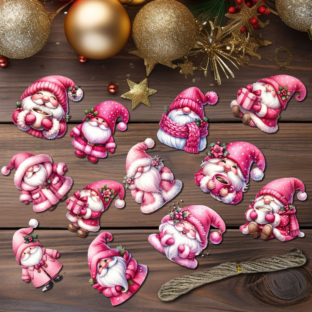 Pink Wooden Gnome Christmas Tree Ornaments Set (12 Pcs)