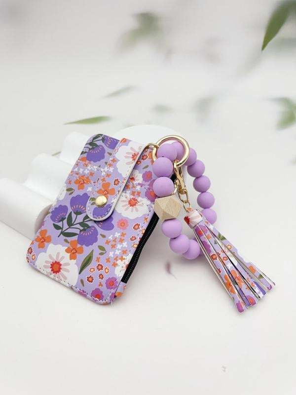 Women's Boho Style Beaded & Tassel Decorated Keychain with Flower Pattern Wallet