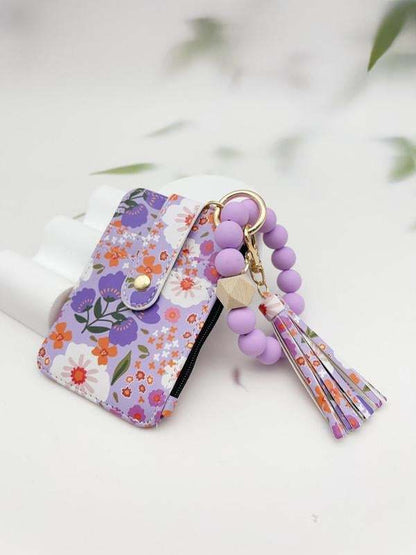 Women's Boho Style Beaded & Tassel Decorated Keychain with Flower Pattern Wallet