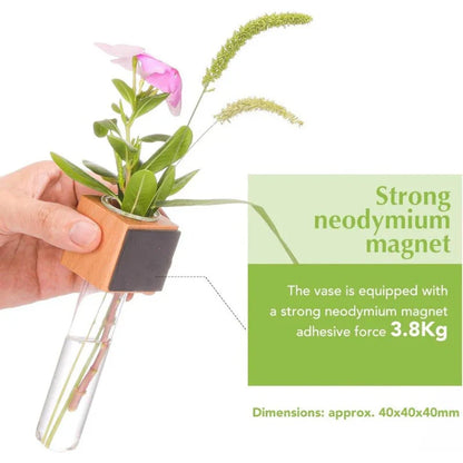 Magnetic Mini Vase – Wood & Glass Wall-Mount Decor for Flowers & Cuttings