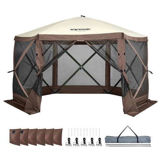 Camping Gazebo Screen Tent, 12*12ft, 6 Sided Pop-up Canopy Shelter Tent with Mesh Windows, Portable Carry Bag, Stakes, Large Shade Tents for Outdoor Camping