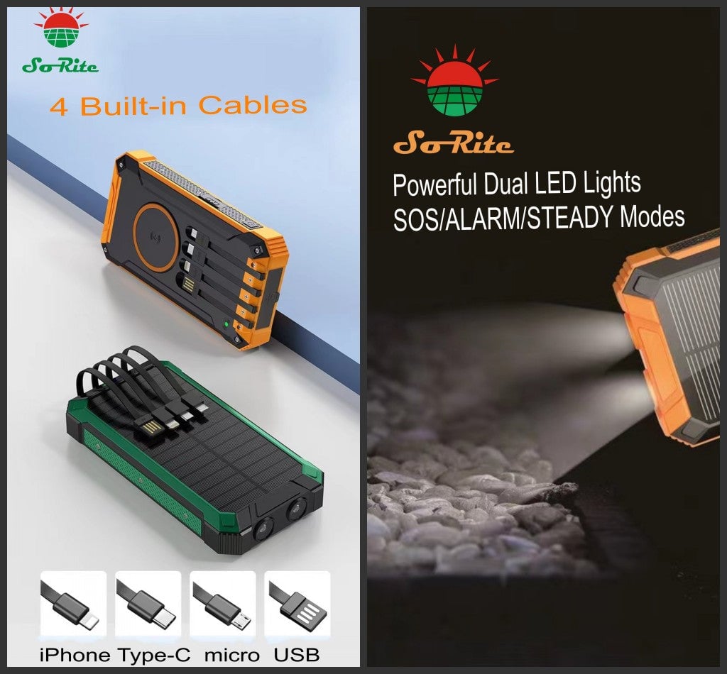 Wireless Charger Solar Power Bank Built-in Cables Waterproof/Shockproof